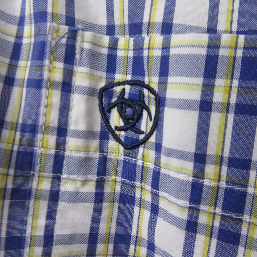 Ariat Pro Short Sleeve Button Down Shirt L Blue Yellow Check Pocket Logo - Picture 4 of 7